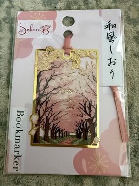 Sakura Gold-Trim Cherry Blossom Metal Bookmark with Pink Ribbon